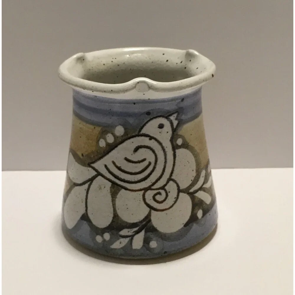 Vintage Petteford Pottery Signed Candle Votive Holder Bird Speckled Stoneware